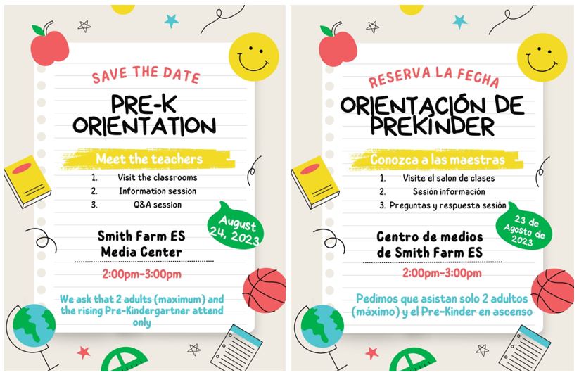 See the information about our Save the Date for our Pre-K Open House/Orientation for families who have children that will be at Smith Farm.