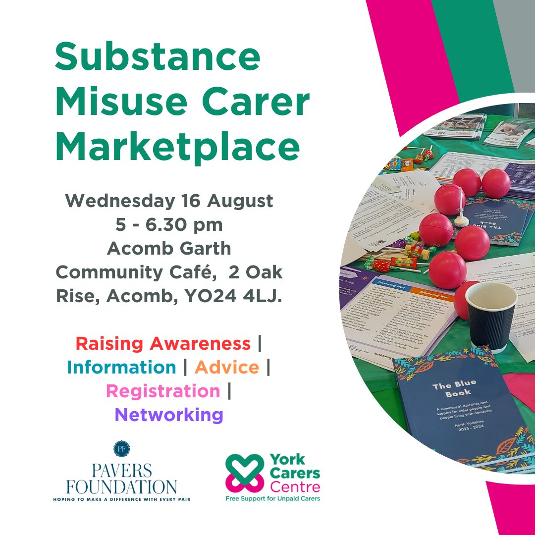 Drop-in at @yorkcarers & @PaversF Substance Misuse Carer Marketplace on Wed 16th Aug 5-6.30pm. It's a safe space for carers to seek advice on how to better cope with a loved one’s addiction. Speak with @YORKinRECOVERY, @AlAnonUKandEire, @AdfamUK and more livewellyork.co.uk/search/activit…