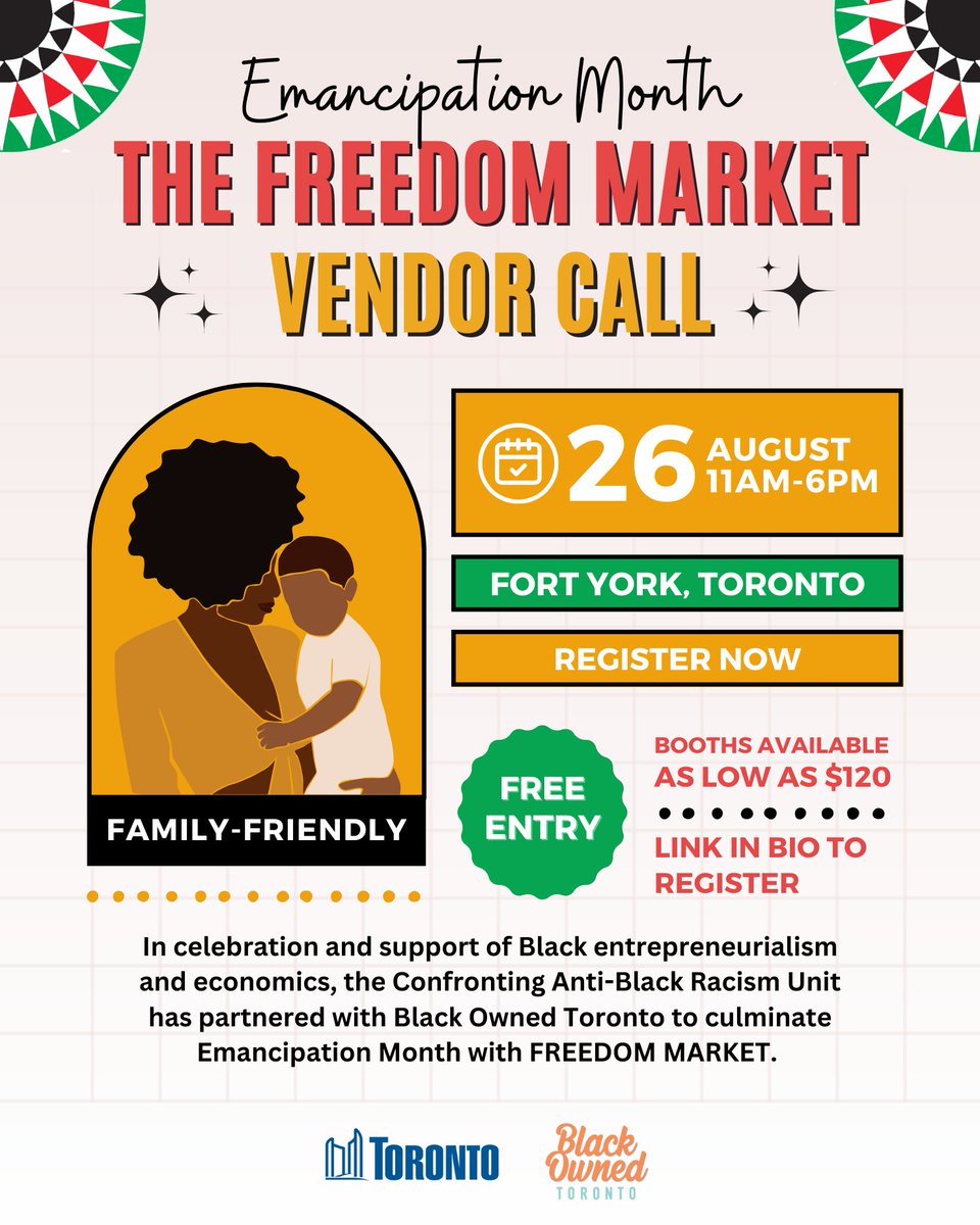 CABR_Toronto's tweet photo. CALL FOR VENDORS! In celebration of #EmancipationMonth, we are partnering with Black Owned Toronto to curate The #FreedomMarket on Aug. 26th from 11am - 6pm at Fort York. Booths as low as $120! 

Vendors visit the link to apply!  https://t.co/iV11clxX4x

#CABRTO https://t.co/z3HvbZ9mbf