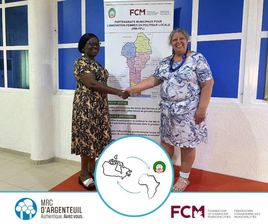 Dans le cadre de notre programme PMI-FPL, Mme Sessinou A. Lucie, mairesse de Kétou (Bénin) a accueilli Mme Martine Renaud, conseillère municipale à la Ville de <a href="/BrownsburgC/">Ville de Brownsburg-Chatham</a> (QC) et représentante de la MRC d'Argenteuil pour sa première mission au Bénin, où elles ont discuté de
