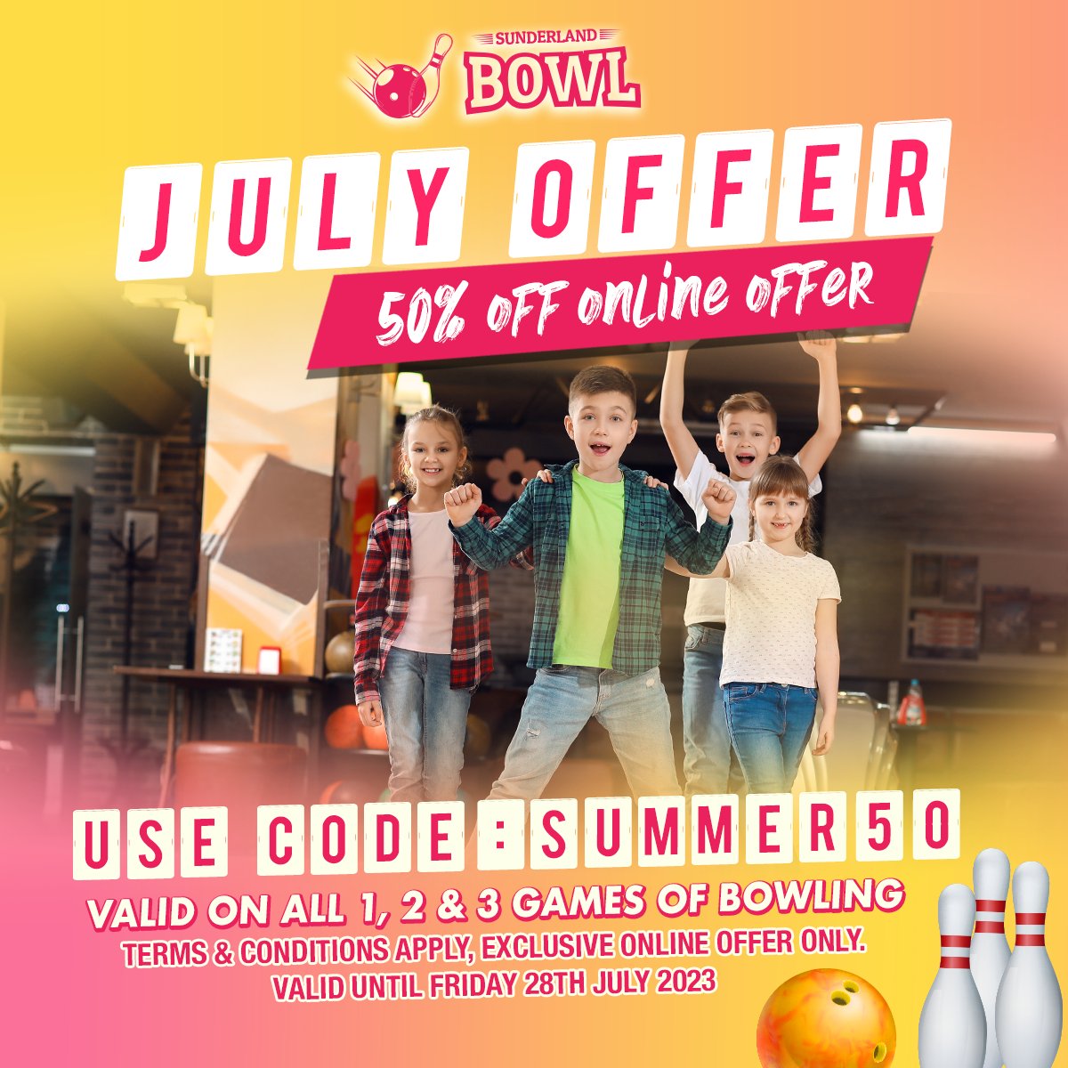 Enjoy our fantastic 50% off 1, 2 & 3 games of bowling 🌞
Use Code: SUMMER50 at checkout 🛒

July Exclusive Online Offer - Available till Friday 28th July 2023 ✨

To book your bowl please visit:
sunderlandbowl.co.uk 📲

#SunderlandBowl #Sunderland #Bowl #OnlineExclusive
