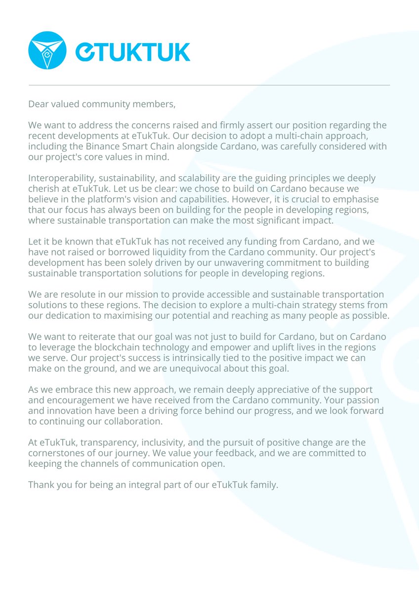 eTukTukio's tweet photo. The only way forward is a collaborative one. 

Here is our stance on our recent announcement. 

We can't please everyone, but we for sure can make a positive impact on a billion lives. 

Thank you for being an integral part of our journey so far.

Back to building now! https://t.co/y0CeiOd2QZ