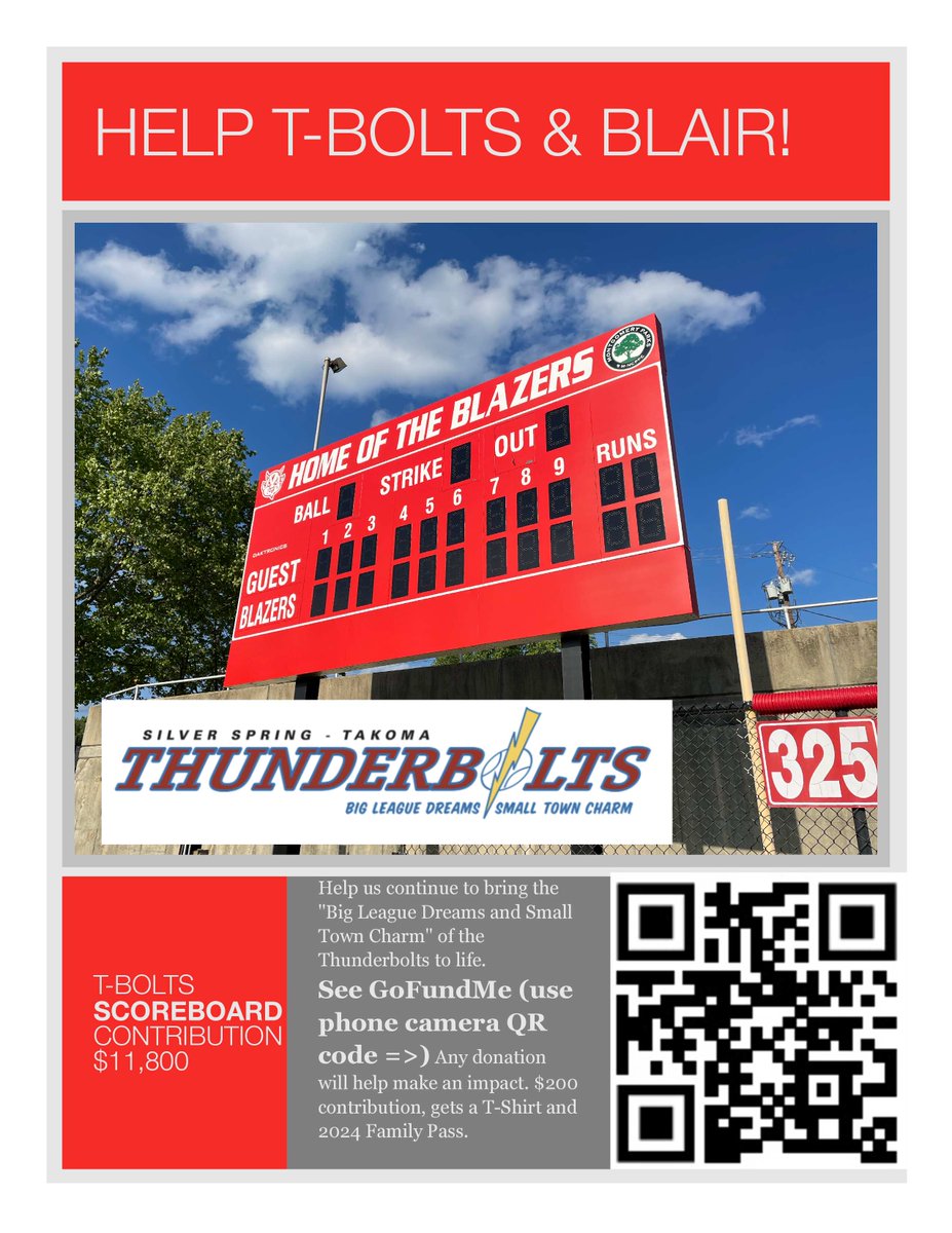The T-Bolts need you! The new scoreboard at Blair could use your financial assistance. Seeing what the score is and what inning we're playing cost a pretty penny and if you could help us absorb the cost, it would be another victory for the T-Bolts. Check the QR code below.