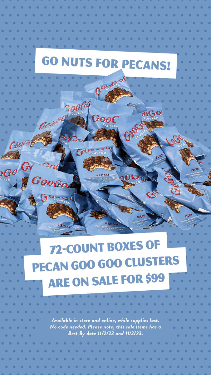 We've got some good news for our Pecan Cluster fans! 😍 The 72-pack is on sale for $99 while supplies last. Add them to your next party favor, or save ‘em for when you need a goo-d treat. 🥜🍫 Available for purchase on googoo.com