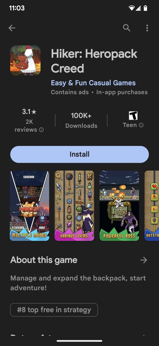 Sephinov's tweet photo. @thejaspel1  

Not sure if you're aware or involved, but I just found this game advertised on YouTube, it's cut and dried same assets same gameplay, backpack hero. https://t.co/01D5QpwXph