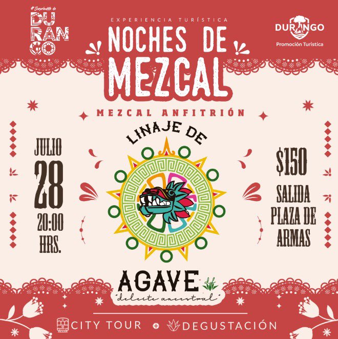 Noches de mezcal, disfruta de esta increíble experiencia turística que trae para ti Mezcal Linaje de Agave con el costo de tu boleto podrás disfrutar de un recorrido turístico y degustación experta. Recuerda qué hay cupo limitado, teléfono para  mayores informes/ 6183627123