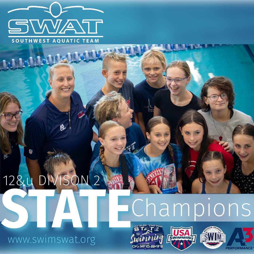 swimswat_WI's tweet photo. Whoever said "workin' for the weekend" probably had SWAT in mind when they said it. Say hello to the 2023 @WISwimmingLSC 12&amp;u STATE DIVISON 2 Team High Point Champions, the Southwest Aquatic Team! 🏆🥇😎🏊‍♀️🏊‍♂️ #usaswimming #wisconsinswimming #a3performance #swim #state https://t.co/Md5wAmft1M