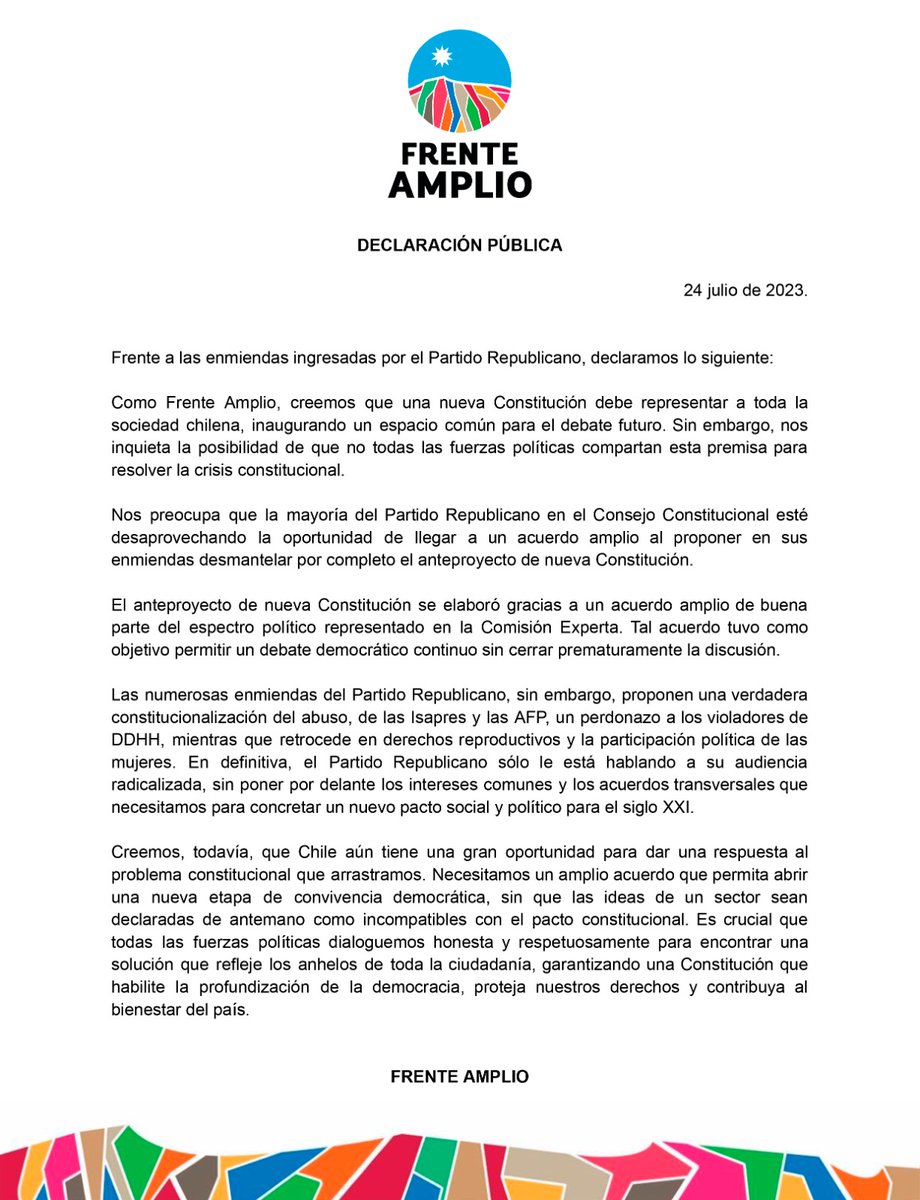 ⚠️ Ante enmiendas ingresadas por @PRChile, que consagran el abuso, perdonazos a los violadores de DDHH, además de graves retrocesos en derechos de las mujeres, entre otras materias, como @elfrente_amplio declaramos