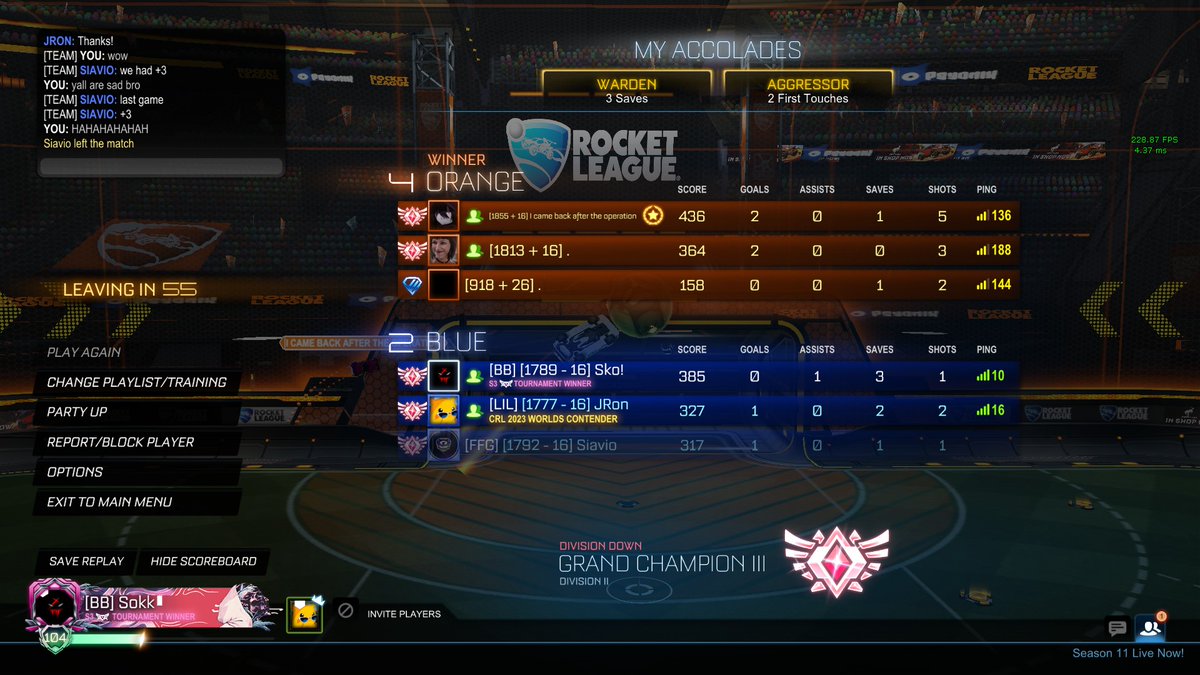 SK_1011's tweet photo. Apparently these guys are sort off wintrading in 3s, the diamond in their team loses connection at the start of the game. Then he joins back so the game thinks he is a random third instead of a partied up third, this caused me to only win 3 mmr and lose 16, 1/2 @PsyonixStudios https://t.co/x0TkBx1BZv