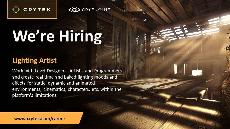 Crytek is looking for a Lighting Artist to join the <a href="/HuntShowdown/">Hunt: Showdown</a> team. crytek.com/career/offers/…