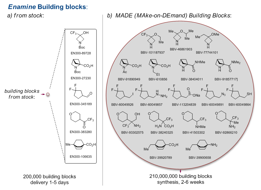 EnamineLtd's tweet photo. We offer 770M MADE (MAke-on-DEmand) Building Blocks. It is by far the world’s largest and most comprehensive catalog of all commercially available building blocks with less than 20 effective heavy atoms (not counting protecting groups).

More details: https://t.co/mVszvbGh70 https://t.co/FTDyW5EplZ