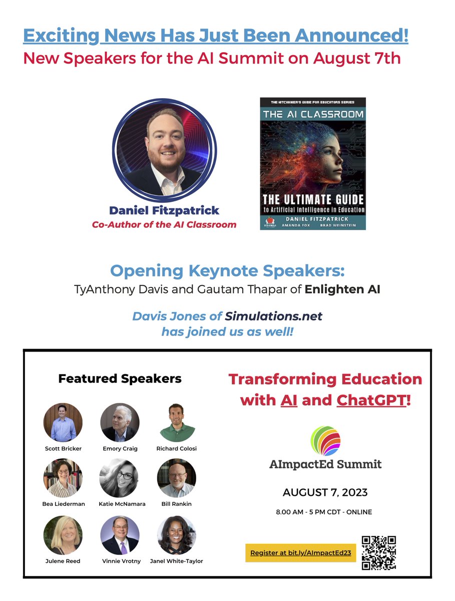 julener's tweet photo. New Speakers Announced! See Below!
Discover the future of education at the AImpactEd Summit on August 7th! Register now with promo code AUGUSTEB for a discount! https://t.co/fj3JY3Ye6c @ISTEofficial @GlobalEdAction @OpenAI https://t.co/XuzxEr86y2