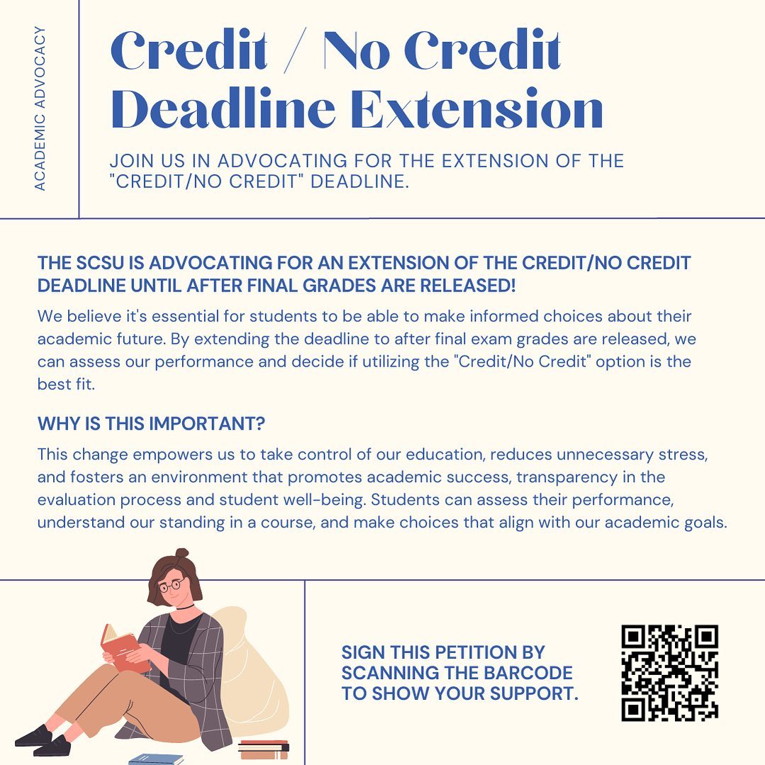 📣 Take charge of your academic future! 🎓✨ 

SCSU is advocating for the "Credit/No Credit" policy extension as we recognize that it is crucial for students' success and well-being. 

Please scan the barcode or click the link in our bio to sign!
