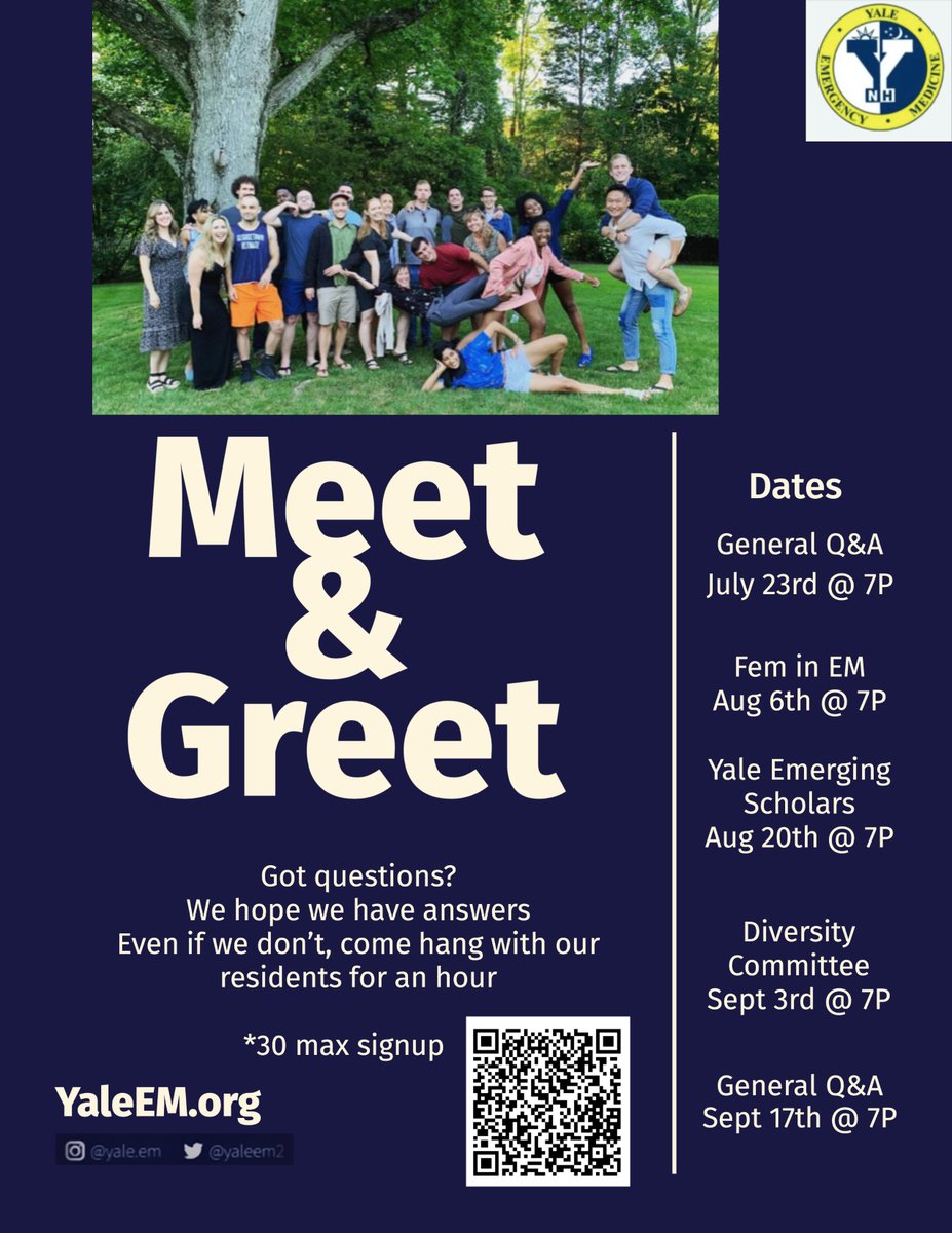 Come meet our residents!!

Sign up for one of our zoom socials to meet our residents and learn a little more about our <a href="/Yale_EM/">Yale Emergency Medicine</a> program.

Aug 6: Fem in EM
Aug 20: YES program (research track)
Sep 3: Diversity committee
Sep 17: general Q&amp;A

Sign up here: yaleedu-my.sharepoint.com/:x:/g/personal…