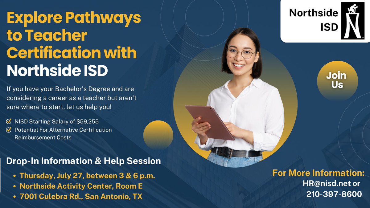 Interested in becoming a teacher with Northside ISD? Join us this Thursday for more information!