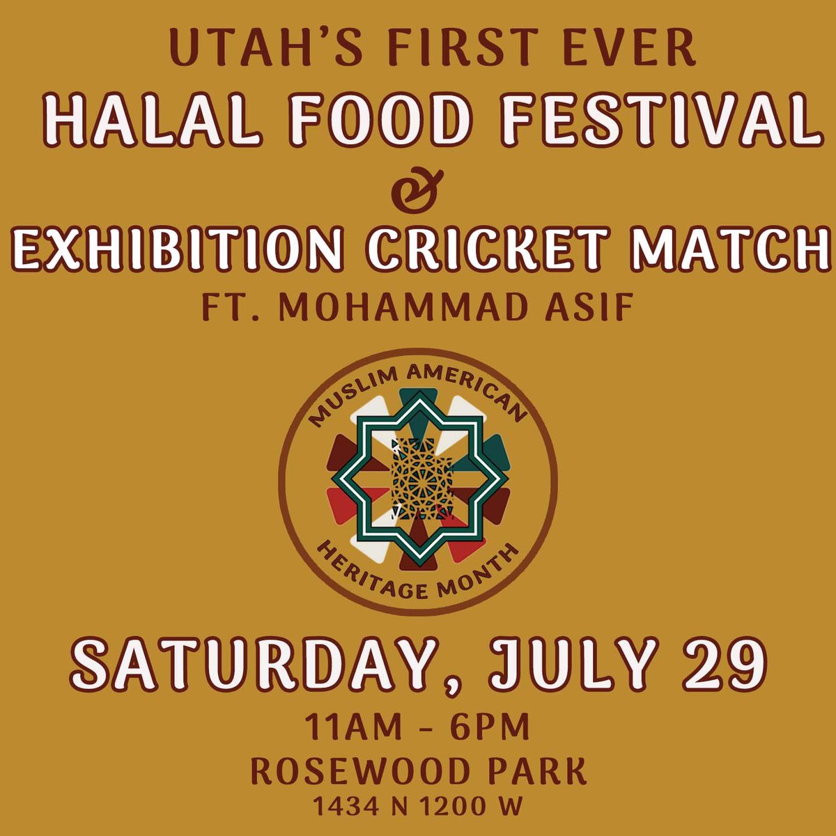 SALT LAKE CITY!!!!! We are just under a week away from Utah’s First EVER Halal Food Festival and Exhibition Cricket Match. 
#muslimamericanheritagemonth