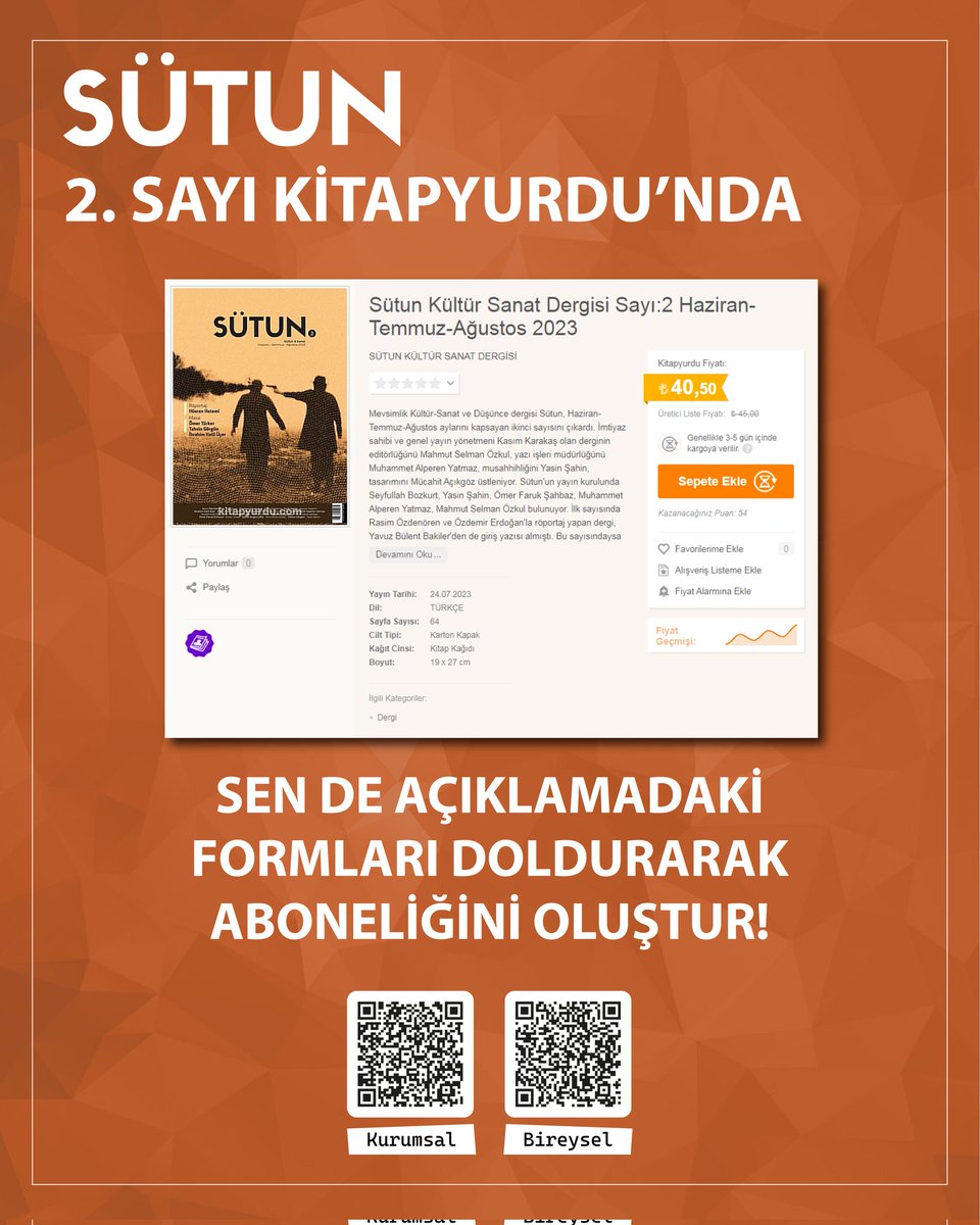 İKİNCİ SAYIMIZ ÇIKTI! 

Kitapyurdu üzerinden satışa çıktı,
temin edebilirsiniz: 
kitapyurdu.com/dergi/sutun-ku…

Abonelik işlemleri için: 

BİREYSEL ABONELİK: docs.google.com/forms/d/e/1FAI…

KURUMSAL ABONELİK: docs.google.com/forms/d/e/1FAI…