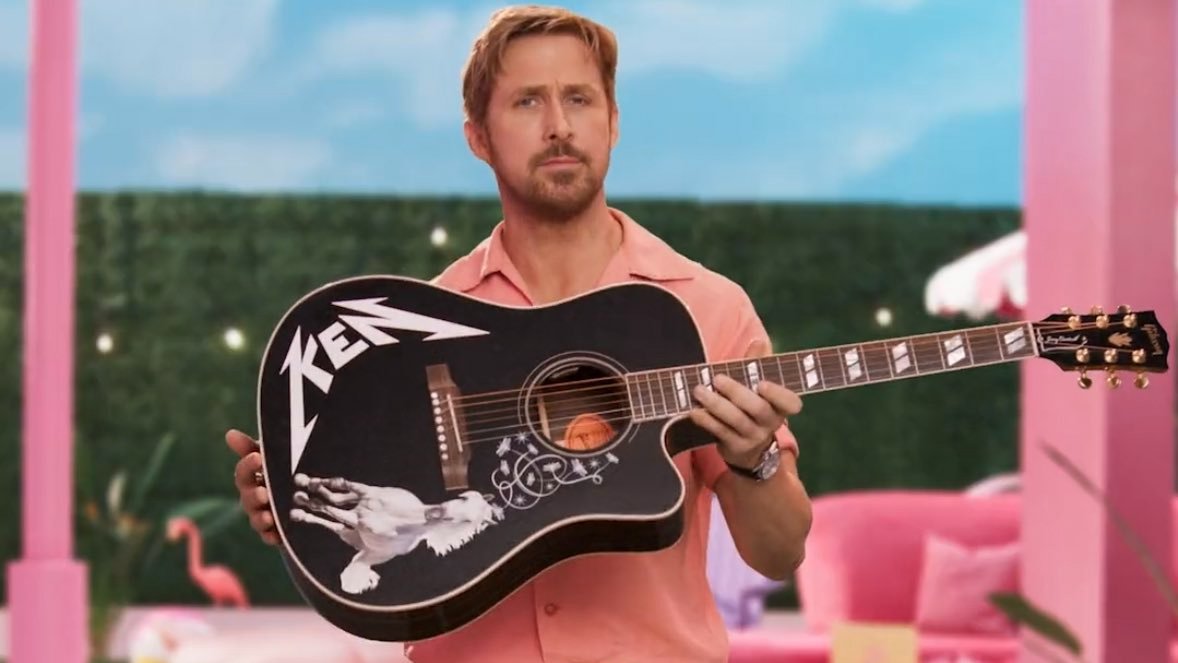 fusetv's tweet photo. He's just #JIMIN 💖 The Ken guitar was gifted to #BTS' Jimin from Ryan Gosling as an "apology" for copying his cowboy outfit in Barbie: ‘You wore it better’ https://t.co/82lF2Bcvjv
