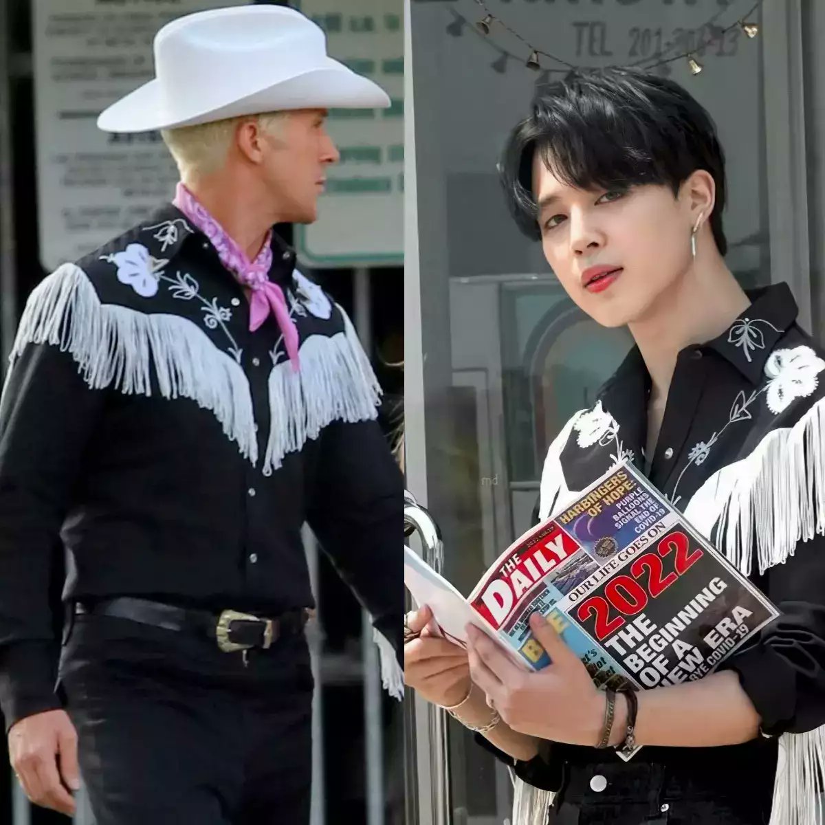 fusetv's tweet photo. He's just #JIMIN 💖 The Ken guitar was gifted to #BTS' Jimin from Ryan Gosling as an "apology" for copying his cowboy outfit in Barbie: ‘You wore it better’ https://t.co/82lF2Bcvjv