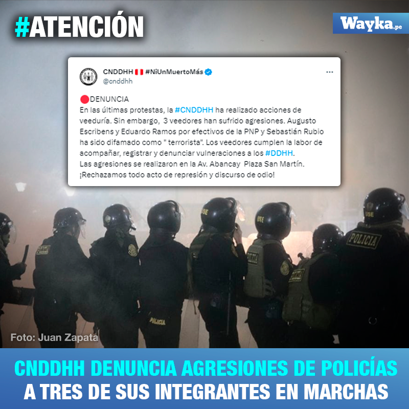 #Atención | La <a href="/cnddhh/">CNDDHH 🇵🇪 #ConsensoPorLosDDHH</a> denunció que tres de sus veedores sufrieron agresiones por parte de los agentes de la <a href="/PoliciaPeru/">Policía Nacional del Perú</a> durante las marchas pacíficas que exigían la renuncia de Dina Boluarte. "¡Rechazamos todo acto de represión y discurso de odio", señalaron en su denuncia.