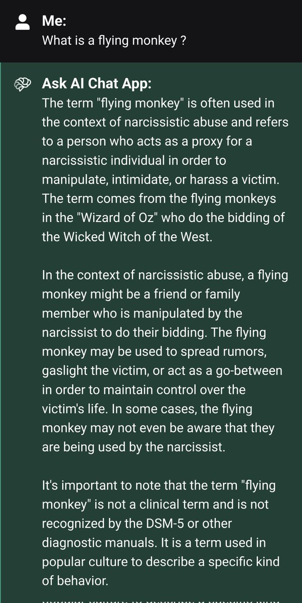 Penbat1's tweet image. What is a #flyingmonkey ? #ChatGPT #AI #FTSU #civility #kindness #compassion #compassionateleadership #humanfactors #leadership #psychologicalsafety #KFLead #HSJPatientSafety #patientsafety #pslhub #narcissism #manipulation #narcissisticrage #toxicpositivity