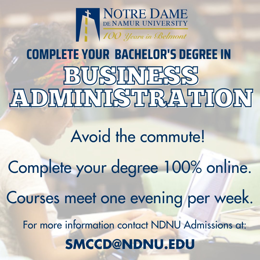 NotreDameCA's tweet photo. 💻 Pick up where you left off or start a completely new educational path. Earn your bachelor's in business administration entirely online.

🎓 Learn more: https://t.co/JRyRKGXNRt

#notredamedenamur
#businessadministration
#business
#bachelorsdegree
#onlinebachelorsprogram https://t.co/JdRzPykfC1