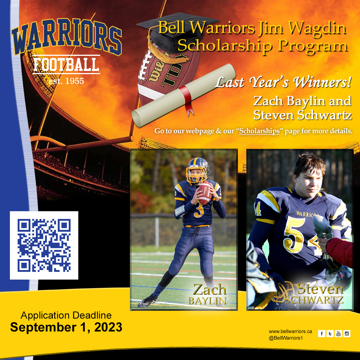 WHO'S NEXT to join our distinguished list of Jim Wagdin Bell Warriors Scholarship winners?  We'll see.  

Application deadline:  Sept 1/23 Details at:  bellwarriors.ca/scholarships/ 

DON'T MISS OUT!  PRT

#grassrootsfootball #NCAFA #ottfb #football #ottsports #Ottawa