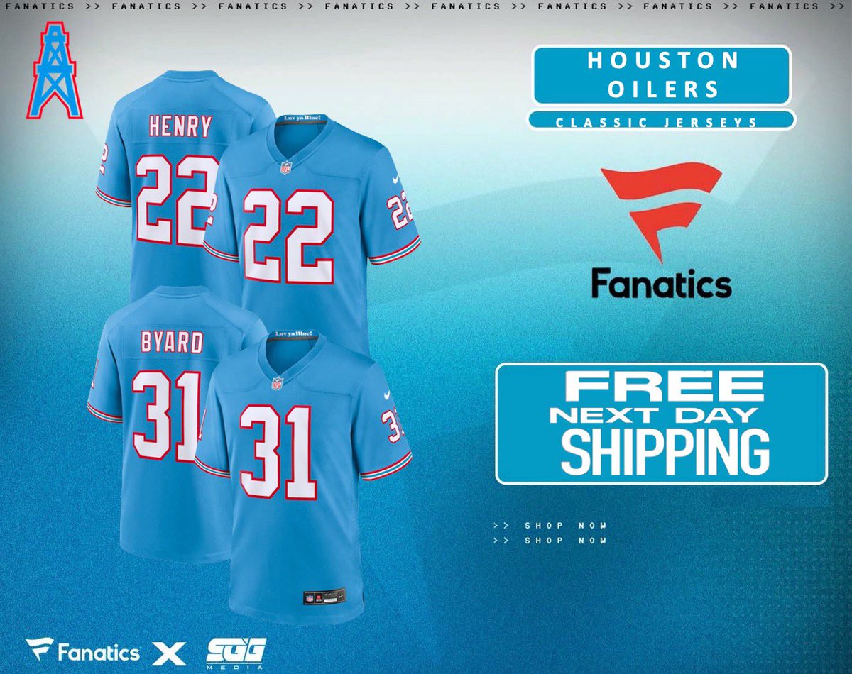 HOUSTON OILERS JERSEYS NOW AVAILABLE, <a href="/Fanatics/">Fanatics</a>!

TITANS FANS‼️ Gear up for the 2023 NFL season with some retro jerseys using this PROMO LINK: fanatics.93n6tx.net/GOTITANS2023 📈

Act now while supplies last for FREE NEXT DAY DELIVERY 🤝