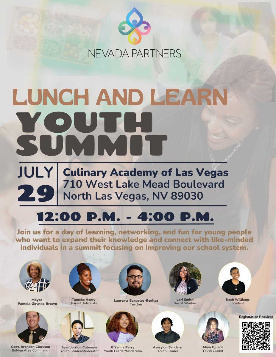 NVPartnersLV's tweet photo. Join us for a day of learning, networking, and fun at the Lunch&amp;Learn Youth Summit! Saturday, July 29, 2023, from 12-4pm @ the Culinary Academy  Register: https://t.co/elM2loHeLZ
#northlasvegas #vegasyouth #Justice #Safety #lasvegas #cityoflasvegas #ward5 #Westside #clarkcountynv https://t.co/zTyjMpMRwV