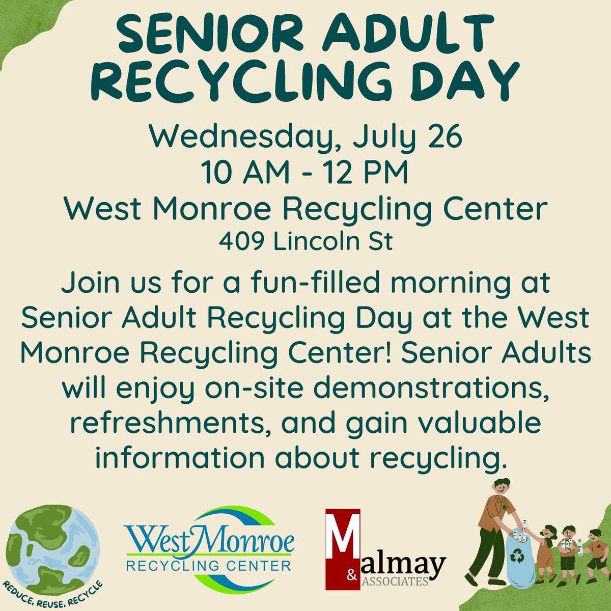 tmalmay87's tweet photo. SENIOR ADULT RECYCLING DAY - As we grow and prosper, so does our responsibility and commitment to the environment. Programs like this are important. The Malmay Family is a proud sponsor. Thank you, City of West Monroe. https://t.co/4HKCCq3f2c