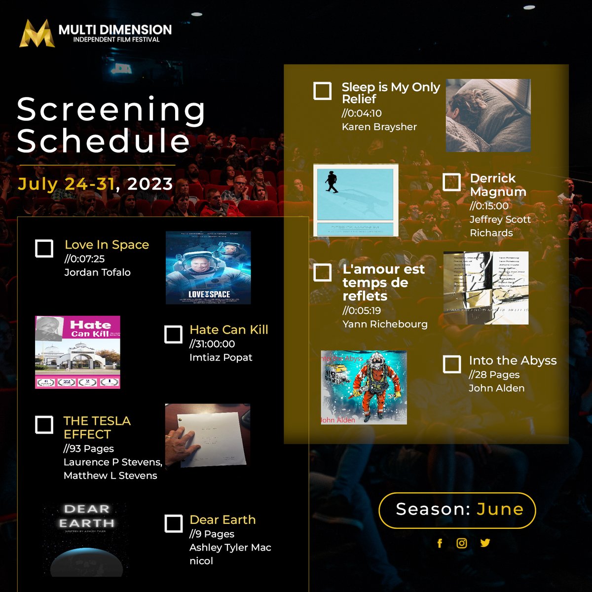 MDIFF21's tweet photo. MDIFF SCREENING SCHEDULE
Check out some of the wonderful projects on our website from July 24 - July 31, 2023.
It all depends on the perspective you view from - Think Multidimensional
#SUPPORTINDIEFILM
#mdiff #screeningschedule #films #scripts #screenplays https://t.co/H1SQOP4ztO