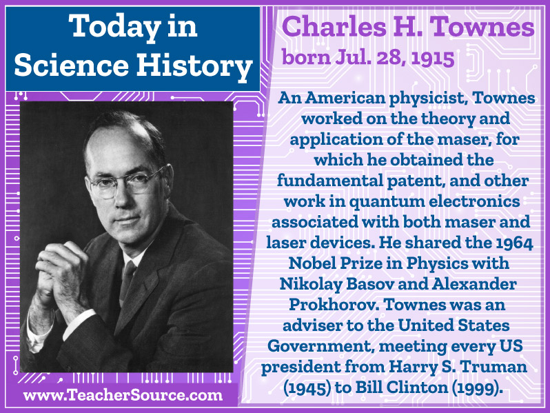 Charles H. Townes was born on this day in 1915. #CharlesHTownes #physics #masers #lasers #QuantumPhysics #QuantumElectronics #NobelPrize #NobelPrizeWinners #science #ScienceHistory #ScienceBirthdays #OnThisDay #OnThisDayInScienceHistory