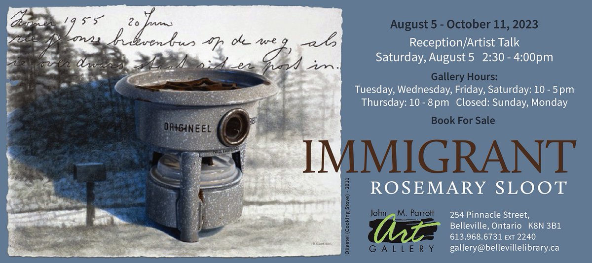 A new exhibit by Rosemary Sloot opens at the Parrott Gallery on Saturday, August 5th. The works draw on her mother's experiences as a Dutch immigrant to Canada.