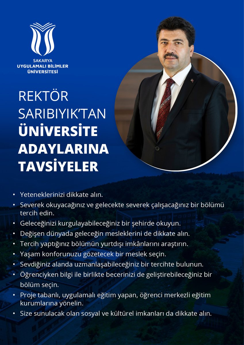 Sevgili üniversite adayları,

Rektörümüz <a href="/rektorsaribiyik/">Mehmet Sarıbıyık</a>'ın tercih dönemi öncesinde size bazı tavsiyeleri var 👇