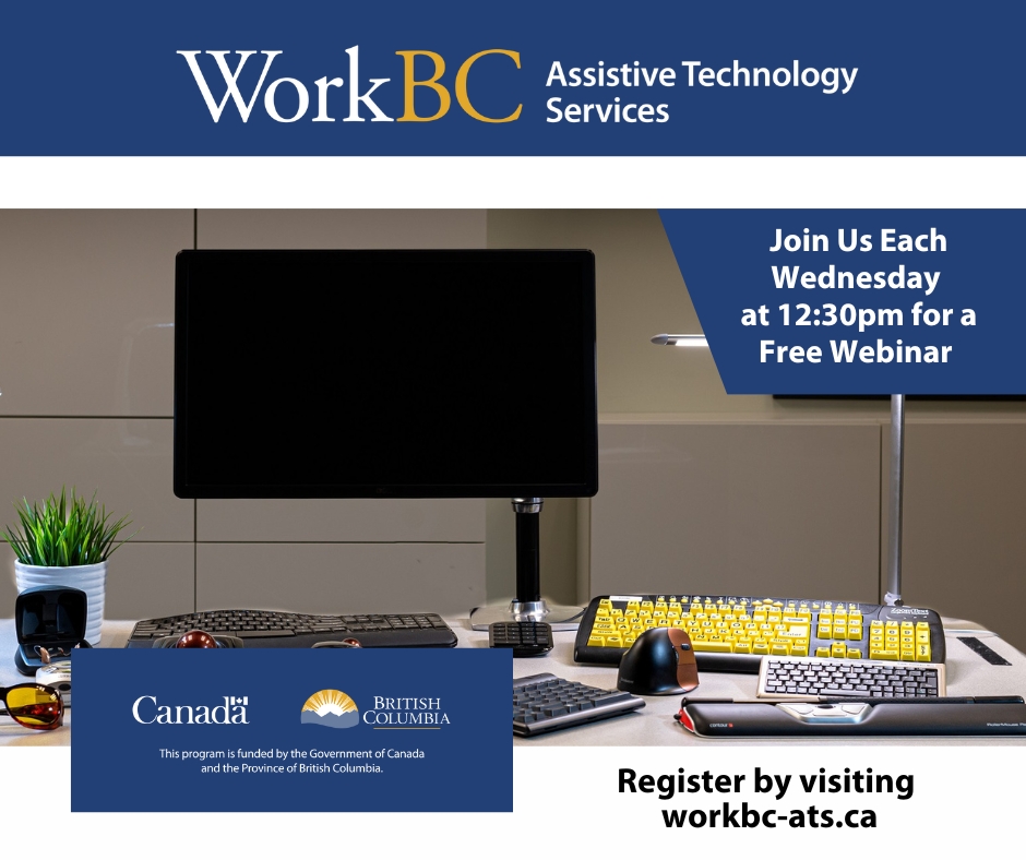 WorkBCATS's tweet photo. We host webinars every Wednesday at 12:30 pm PT. Join us to learn about funding for assistive technology needed for work in BC. Register: https://t.co/hLvq1xBBf3

#WorkBCATS #AssistiveTechnology #Disability #ChronicPain #Webinar https://t.co/zo68X7bdUx