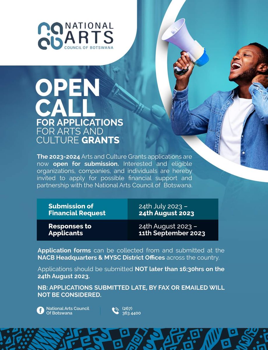 myscbw's tweet photo. National Arts Council of Botswana is calling!!!
#MYSC
#NACB
#Artsandculturegrants https://t.co/PLsMKoEQB1