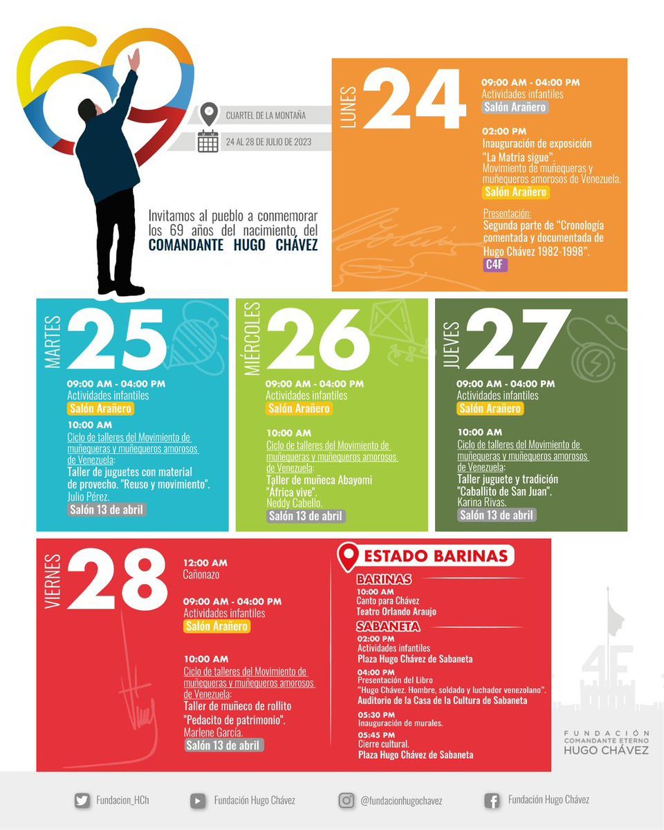 ¡Celebremos juntos el legado del Comandante Eterno Hugo Chávez!  
 Únete a las actividades conmemorativas del #24Jul al #28Jul y descubre cómo su visión sigue inspirando a Venezuela.
   ¡No te lo pierdas! 🎉

 #BatallaNaval200