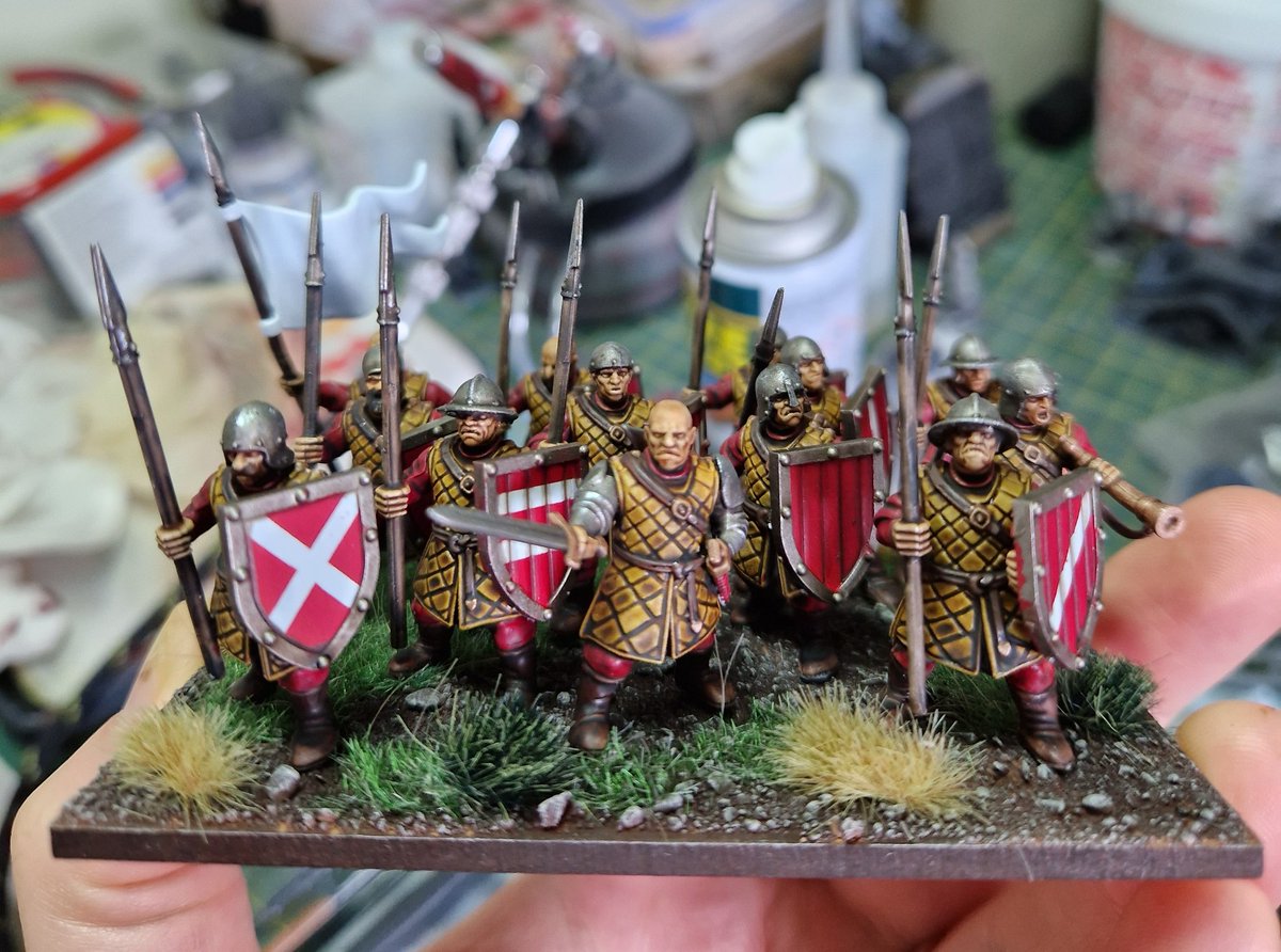 There is still a few minis to paint for the army to be completed, but chipping away. Here are a unit of Fireforge Northmen with some 3d printed Reptilian Overlords heads.

Real Bretonnian men at arms vibes...

#kingsofwar #miniaturepainting