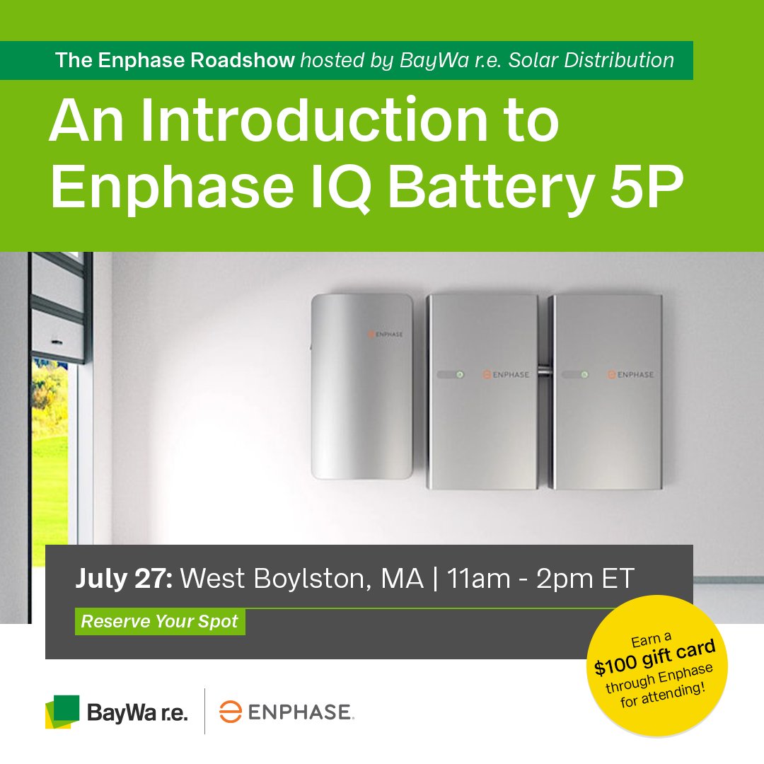#SolarPros in MA: We want to see you at the @enphaseenergy Lunch & Learn training event on Thursday, July 27! This is a great opportunity to learn about the brand-new IQ Battery 5P and how #energystorage can benefit your homeowner network: ow.ly/1uGy50P8a1f