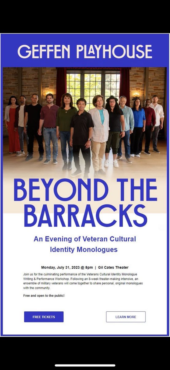 Sign up for <a href="/GeffenPlayhouse/">Geffen Playhouse</a> BEYOND THE BARRACKS featuring <a href="/VMEConnect/">VME</a> members performing and directing!
