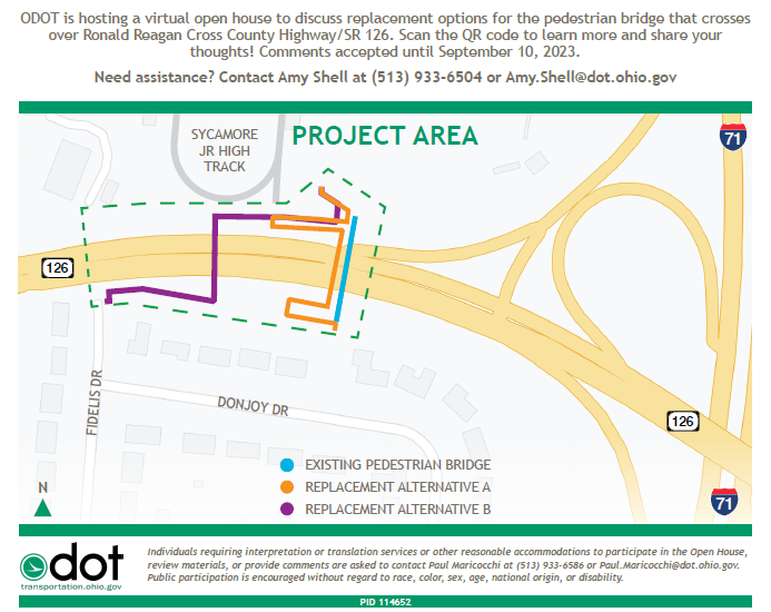 ODOT wants your input on replacing the pedestrian bridge that crosses over Cross County Highway near Sycamore Junior High.  The virtual public open house is going on now through September 10.  Learn more and share your thoughts here: publicinput.com/SR126pedbridge.