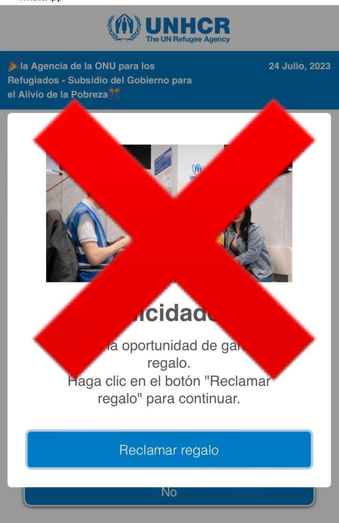 ACNURPeru's tweet photo. ⚠️¡Alerta de fraude! ⚠️🚩🚩🚩
 
En redes sociales circula una campaña ofreciendo dinero. 
Es una estafa. No caigas y no la compartas.
 
Sigue nuestros canales oficiales y cuídate de la desinformación. 
https://t.co/9jIwMOmkZm https://t.co/Cwt9ulZEOB