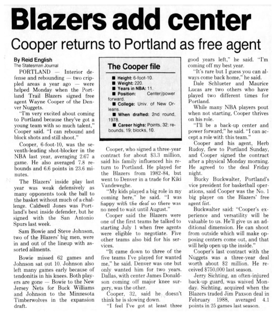 77Blazers's tweet photo. July 24 1989 - The @trailblazers sign FA #WayneCooper
Cooper played w/#Blazers previously from 1982 to 84 before being traded to @nuggets. Cooper becomes 4th player to return to Portland after a previous stint. Cooper would play w/Blazers until retiring in 1992
#RipCity https://t.co/eGLtU5zxOt