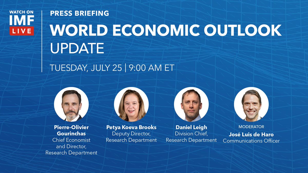 TOMORROW, July 25 at 9:00am ET: The July 2023 #WEO Update – with our latest analysis and economic projections. Watch the press briefing with @POGourinchas, Petya Koeva Brooks, and Daniel Leigh here: IMF.org/WEO-july23 #WEO