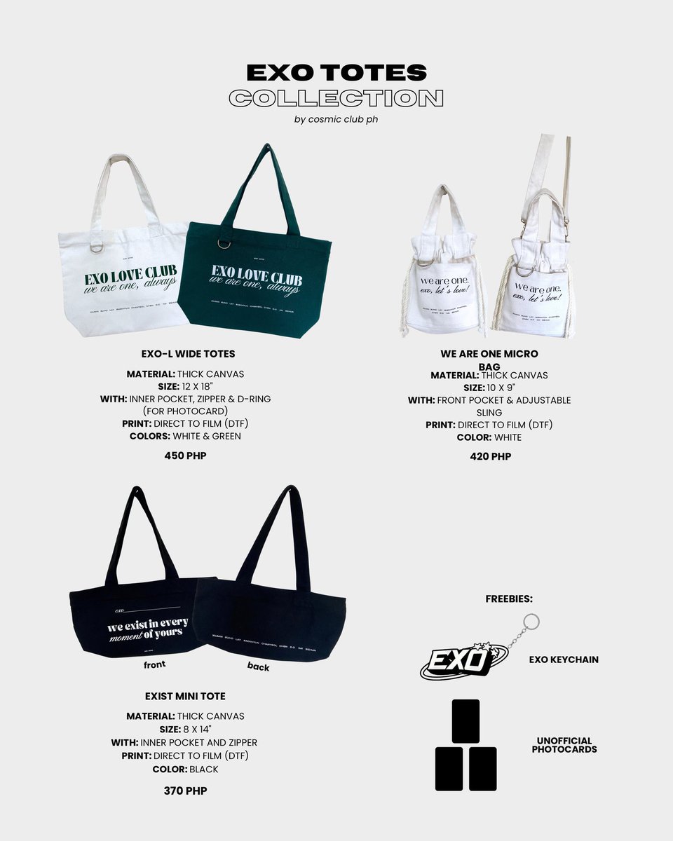 YAONGlE's tweet photo. Fanmade EXO tote bag GO 
Canada based, open CAN/USA 

Totes by @cosmic_clubph 
2-3 Payments:
1) initial 
2) ems 
3) domestic 

1) Wide totes: 450 PHP / $11.38 CAD 
2) microbag : 420 PHP / $10.62 CAD 
3)mini tote : 370 PHP / $9.36 CAD 

reply / dm to claim ! 

#exowts #exogo #exo https://t.co/RbmIhvv4b5