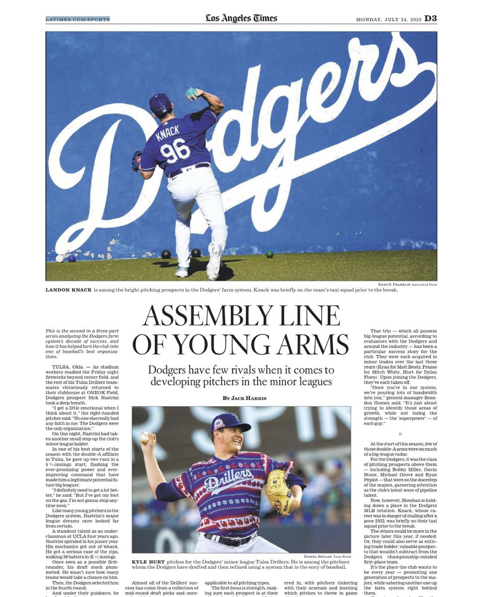 ICYMI: We’ve got an in-depth series on the Dodgers farm system running <a href="/latimessports/">L.A. Times Sports</a> this week (an important topic before the deadline)

Part 1 on the rise of the Dodgers pipeline: latimes.com/sports/dodgers…

Part 2 on their assembly line of young pitching: latimes.com/sports/dodgers…