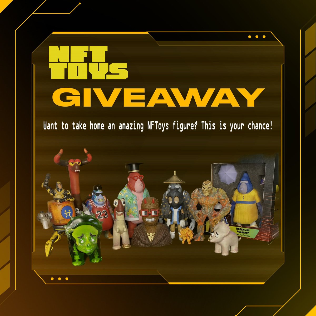 🎁 Free NFToys Giveaway🎁
Win yourself a 🆓 Figurine of your choice!
You win, you imagine, we make it! 

To participate:
✅Follow 
❤️Like
🔁RT
👥2 Tag friends and show us which NFT you would like to be your new Nftoy!
Winner in 7 davs! Good luck 🍀