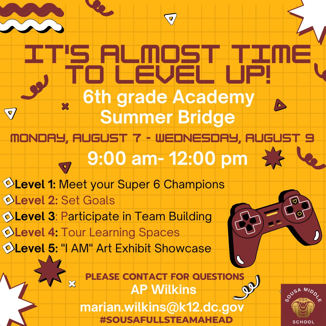 Calling all rising 6th grade scholars! It's time to LEVEL Up to middle school! This is your chance to meet your 6th grade Academy champions, set goals, tour learning spaces, and participate in an "I AM" Arts showcase. RSVP today! bit.ly/SMSSummerBridg…
