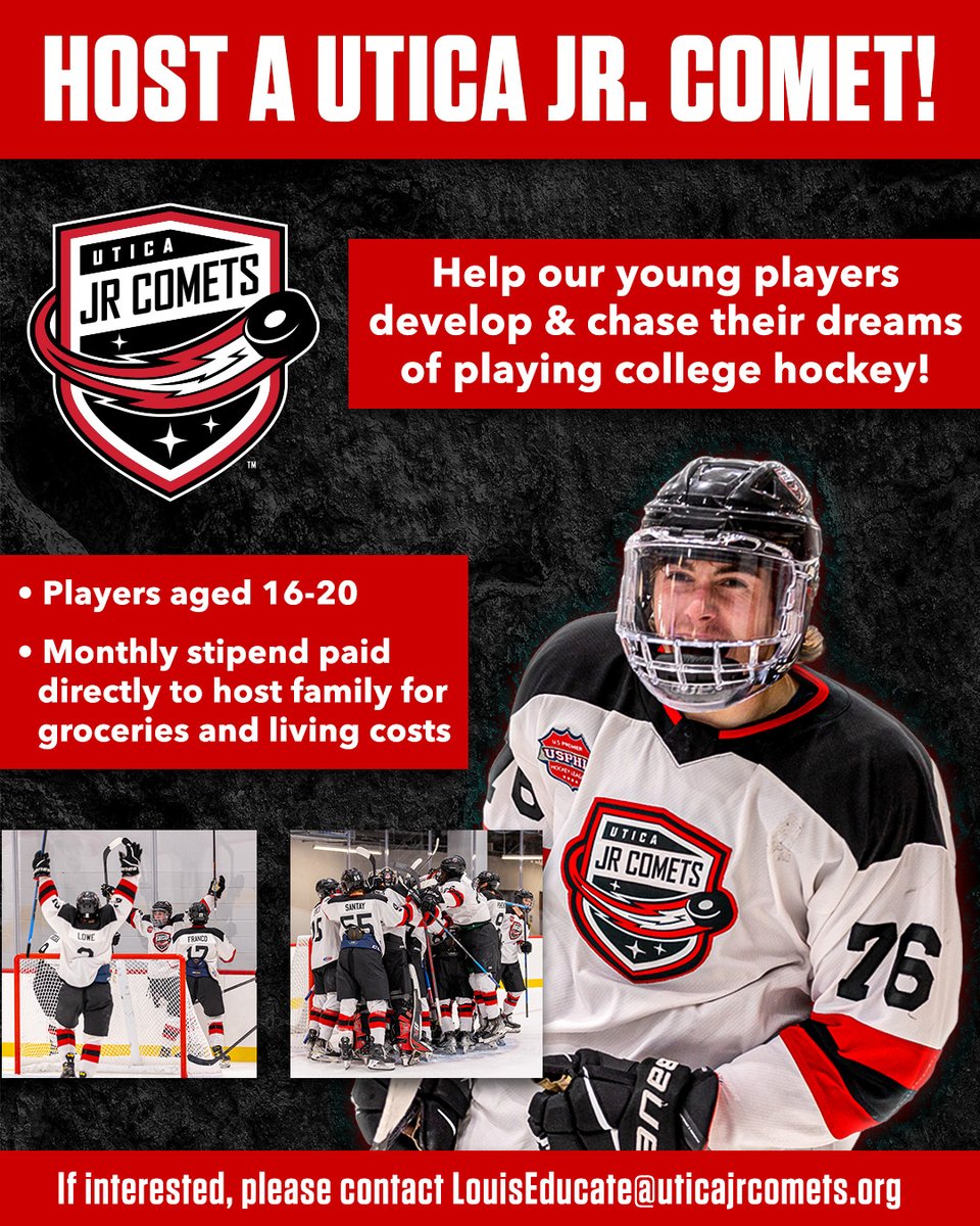 We're looking for Billet Hosts!  ☄️

If you'd like to be a fundamental part of a young hockey player's juniors experience, please reach out to louiseducate@uticajrcomets.org!