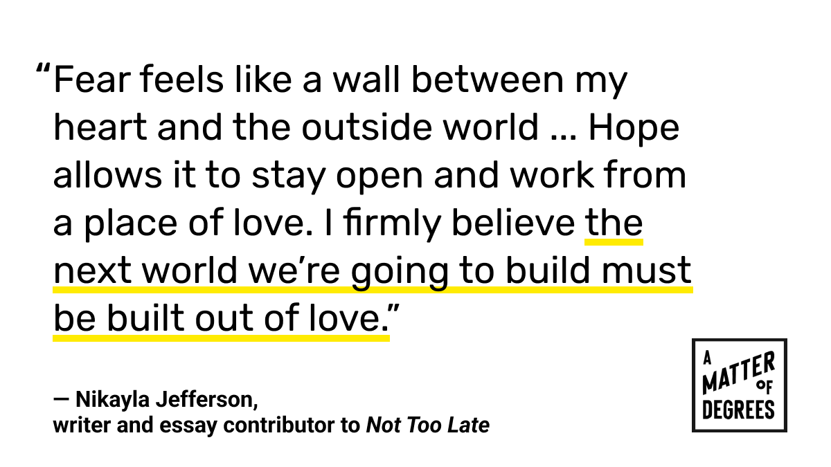 A Matter of Degrees (@degreespod) on Twitter photo In this bonus episode, <a href="/NotTooLate_Hope/">Not Too Late</a> contributor <a href="/kayla_nikayla/">Nikayla Jefferson</a> reflects on climate emotions and what it will take to build a better future. Listen to the full talk with <a href="/RebeccaSolnit/">Rebecca Solnit</a> and co-host @LeahStokes. open.spotify.com/episode/6ZCVe5… In this bonus episode, <a href="/NotTooLate_Hope/">Not Too Late</a> contributor <a href="/kayla_nikayla/">Nikayla Jefferson</a> reflects on climate emotions and what it will take to build a better future. Listen to the full talk with <a href="/RebeccaSolnit/">Rebecca Solnit</a> and co-host @LeahStokes. open.spotify.com/episode/6ZCVe5…